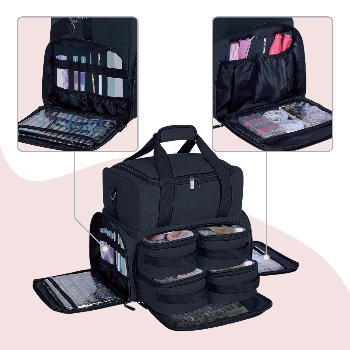 Grande malette maquillage noire à compartiments et étuis individuels. 