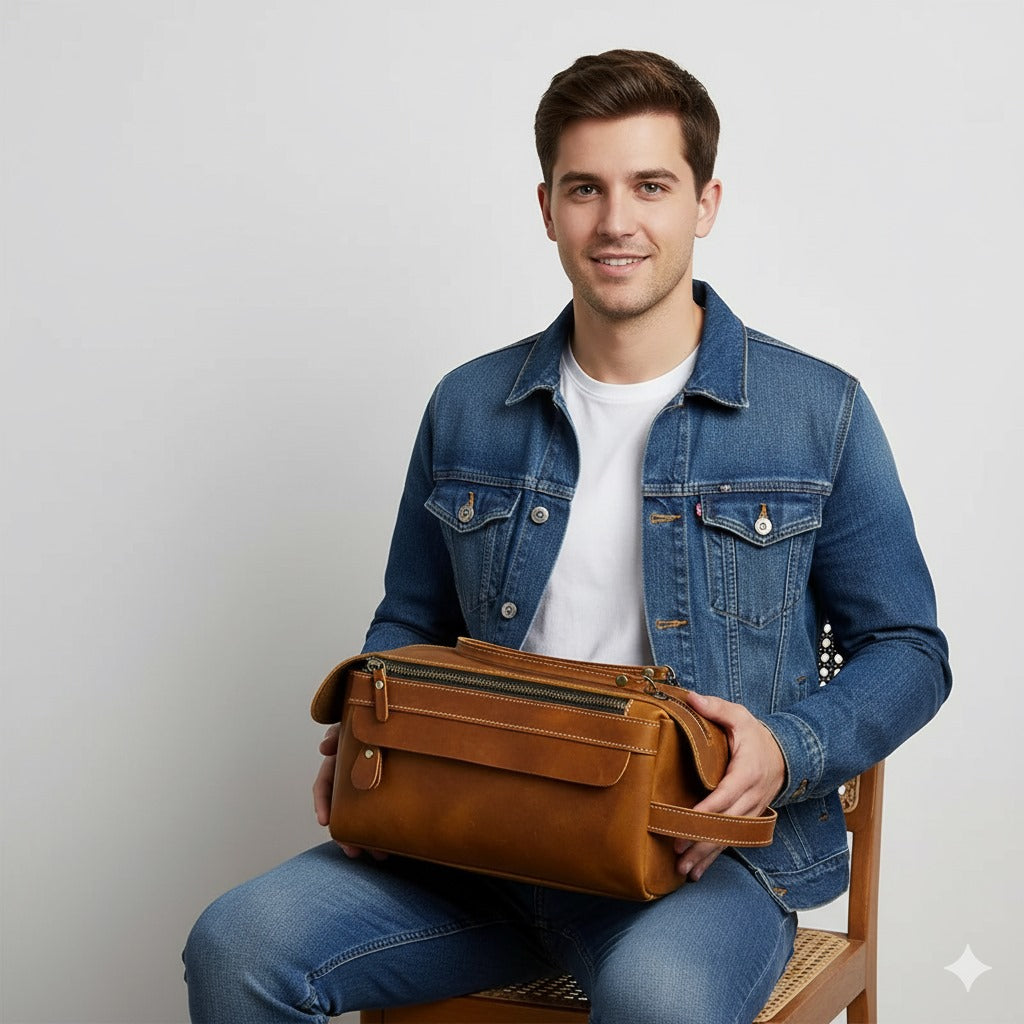 Trousse de toilette homme luxe : "Élégance masculine : homme souriant, veste jean, tenant trousse cuir marron."