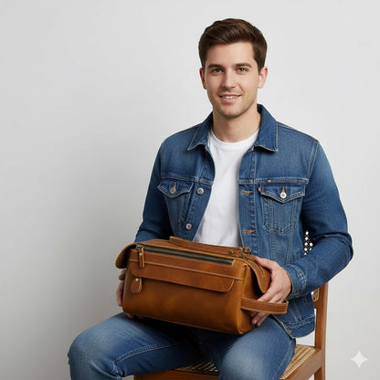 Trousse de toilette homme luxe : "Élégance masculine : homme souriant, veste jean, tenant trousse cuir marron."