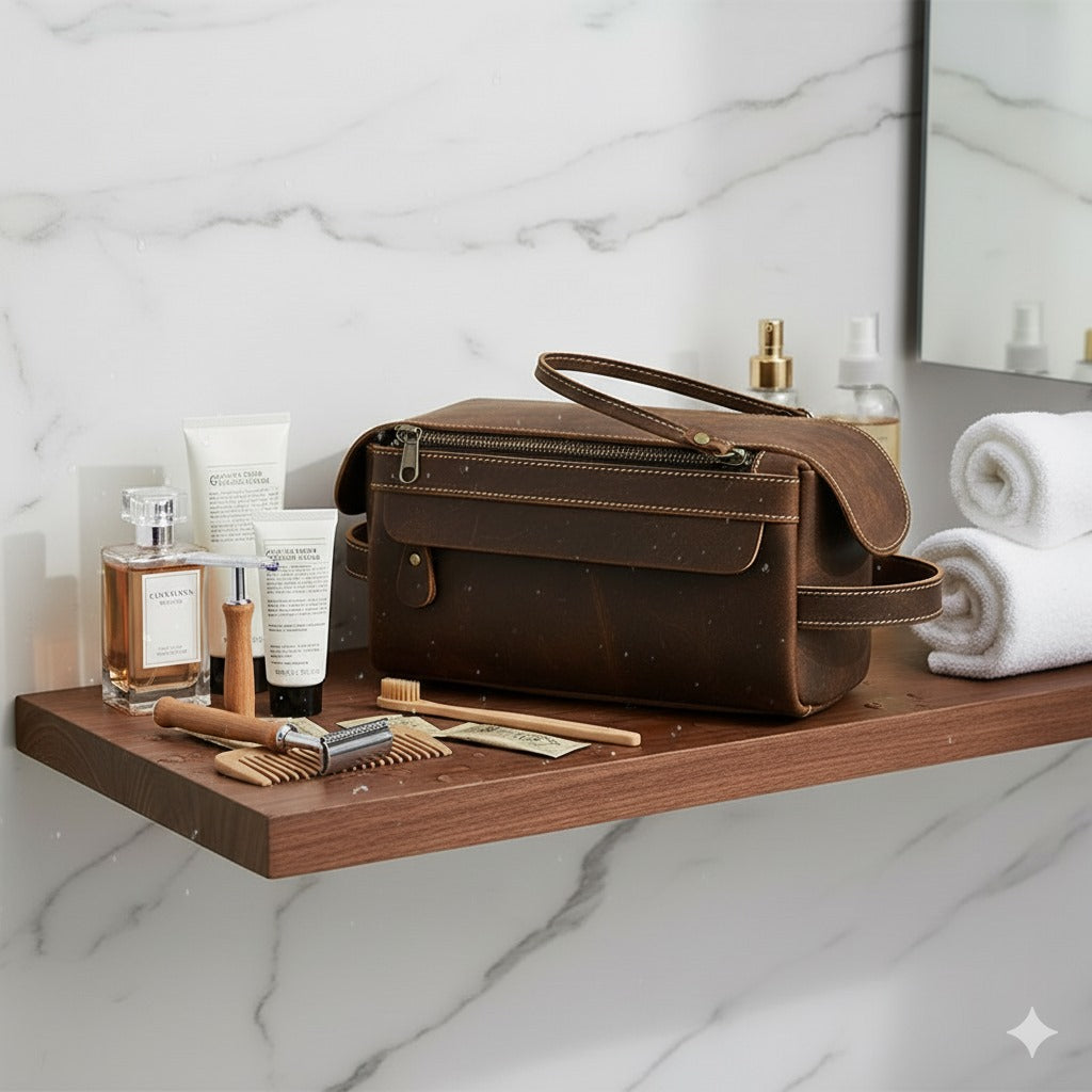 Trousse de toilette homme luxe en cuir, produits de rasage, salle de bain.