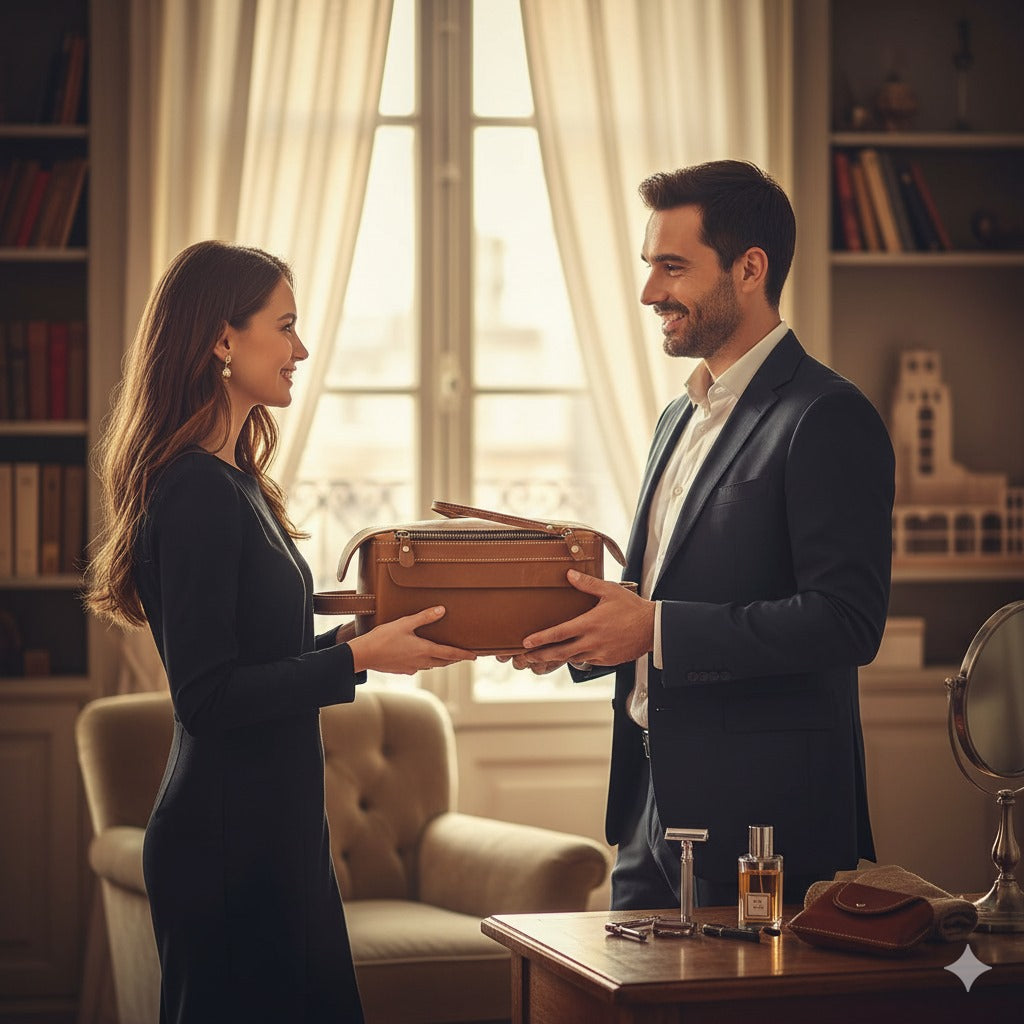 Femme offre une Trousse de toilette homme luxe en cuir à un homme souriant.