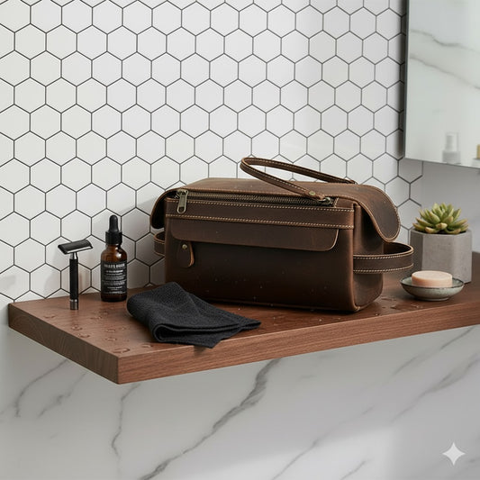 Trousse de toilette homme luxe : Élégance masculine, accessoires de rasage, cuir marron, salle de bain moderne.