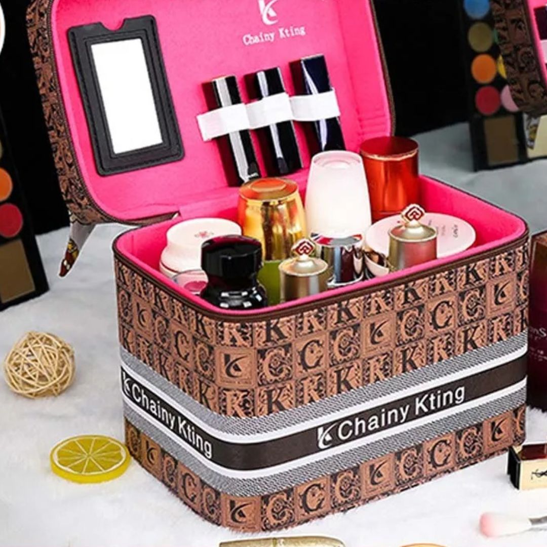 Malette de maquillage Chainy Kting rose et marron, cosmétiques organisés
