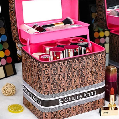 Malette de maquillage Chainy Kting rose et marron, cosmétiques organisés