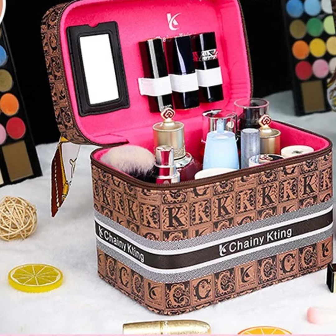 Malette de maquillage Chainy Kting rose et marron, cosmétiques organisés