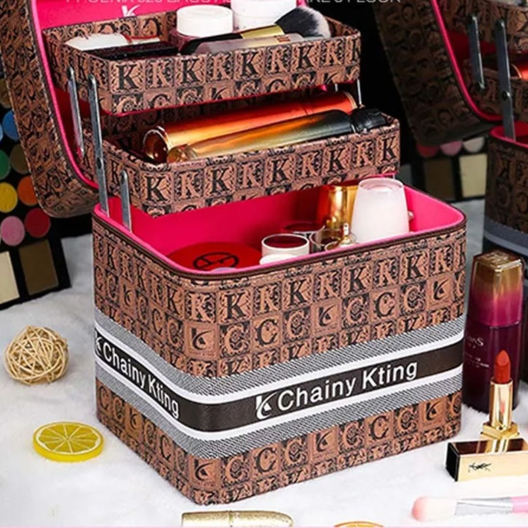 Malette de maquillage Chainy Kting rose et marron, cosmétiques organisés