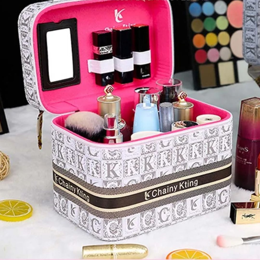 Malette de maquillage Chainy Kting rose et blanc, cosmétiques organisés