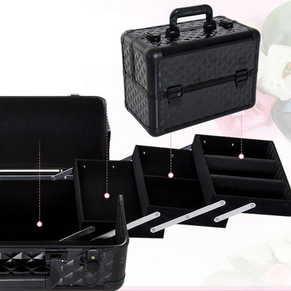 Mallette a maquillage noire texturée avec plateaux extensibles et espace de rangement.