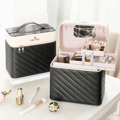 Mallette maquillage fille noire et beige élégante et organisée.