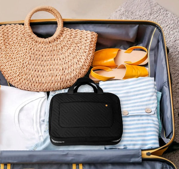  Trousse de toilette voyage homme, noire, organisée, dans valise, voyage.