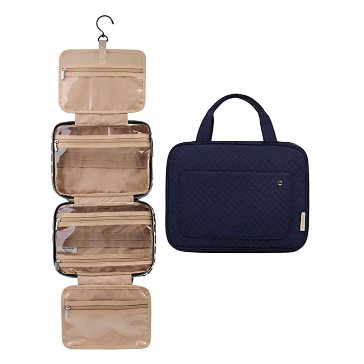 Trousse de toilette voyage homme. Cette trousse bleu matelassée est parfaite pour les voyages, offrant un grand espace de rangement et la possibilité d'être suspendue.