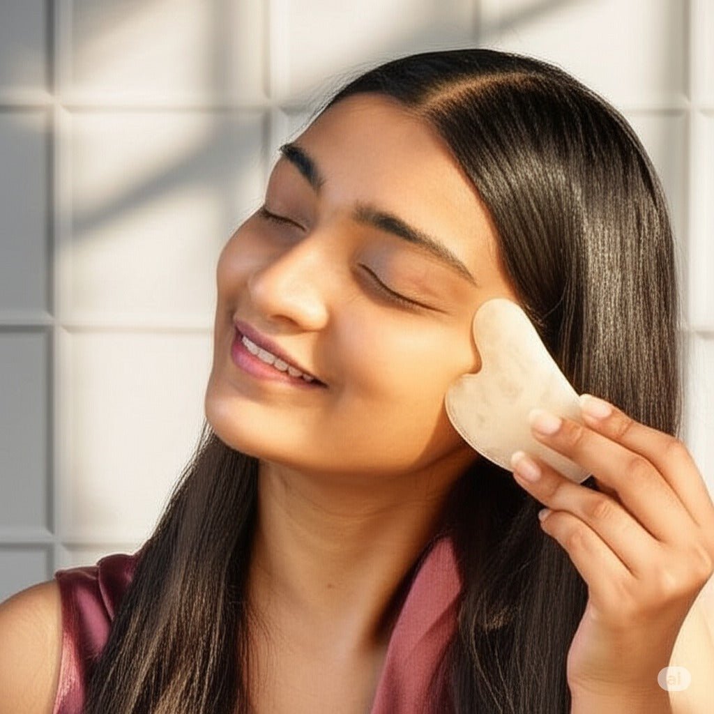 Une femme souriante aux longs cheveux noirs utilise un outil de massage facial en pierre claire sur sa joue. Ses yeux sont fermés et elle semble détendue. L'arrière-plan est un mur blanc texturé avec une ombre diagonale.