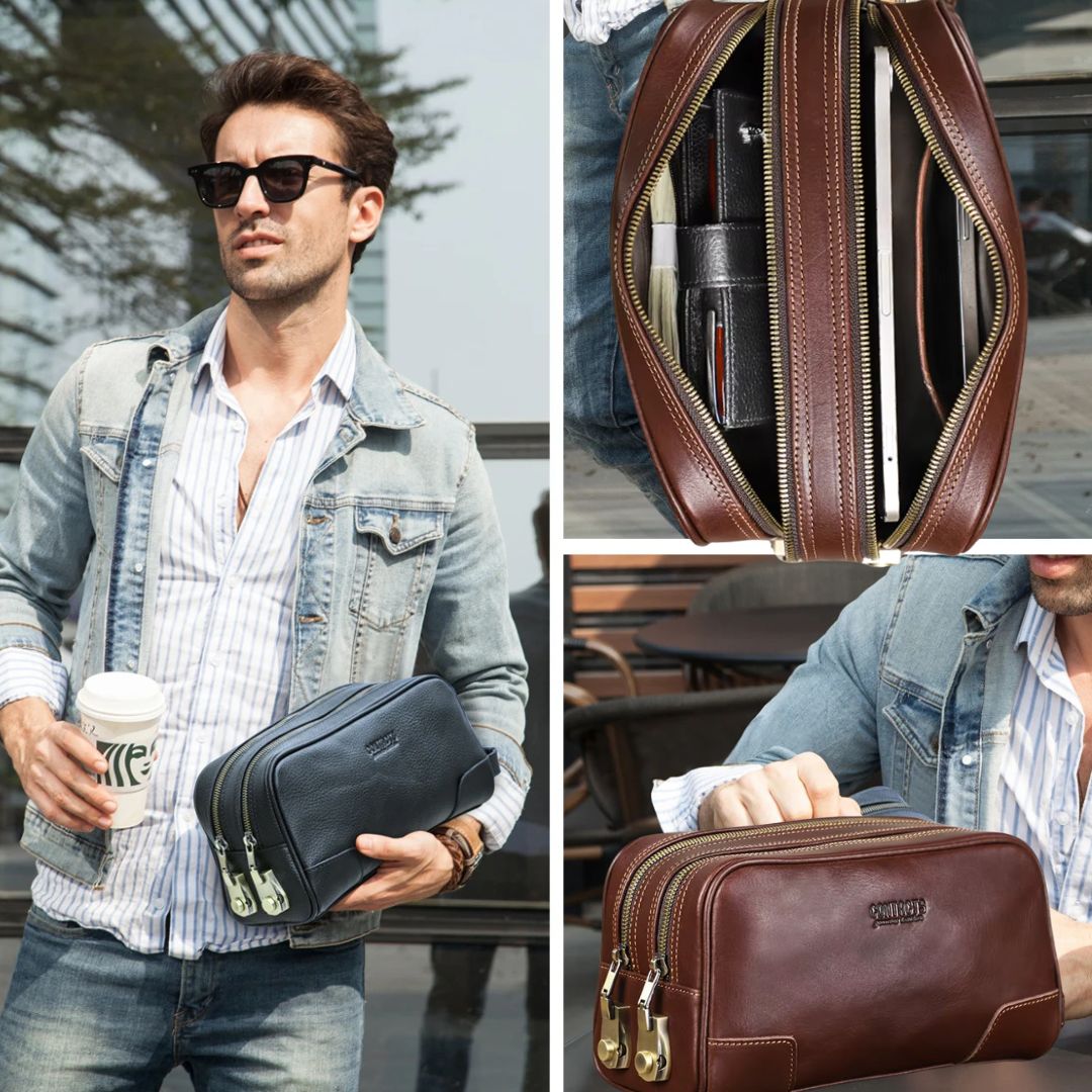 "Trousse de toilette homme luxe en cuir, style moderne, polyvalente."