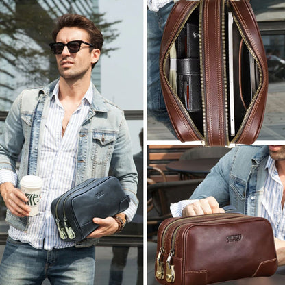 "Trousse de toilette homme luxe en cuir, style moderne, polyvalente."